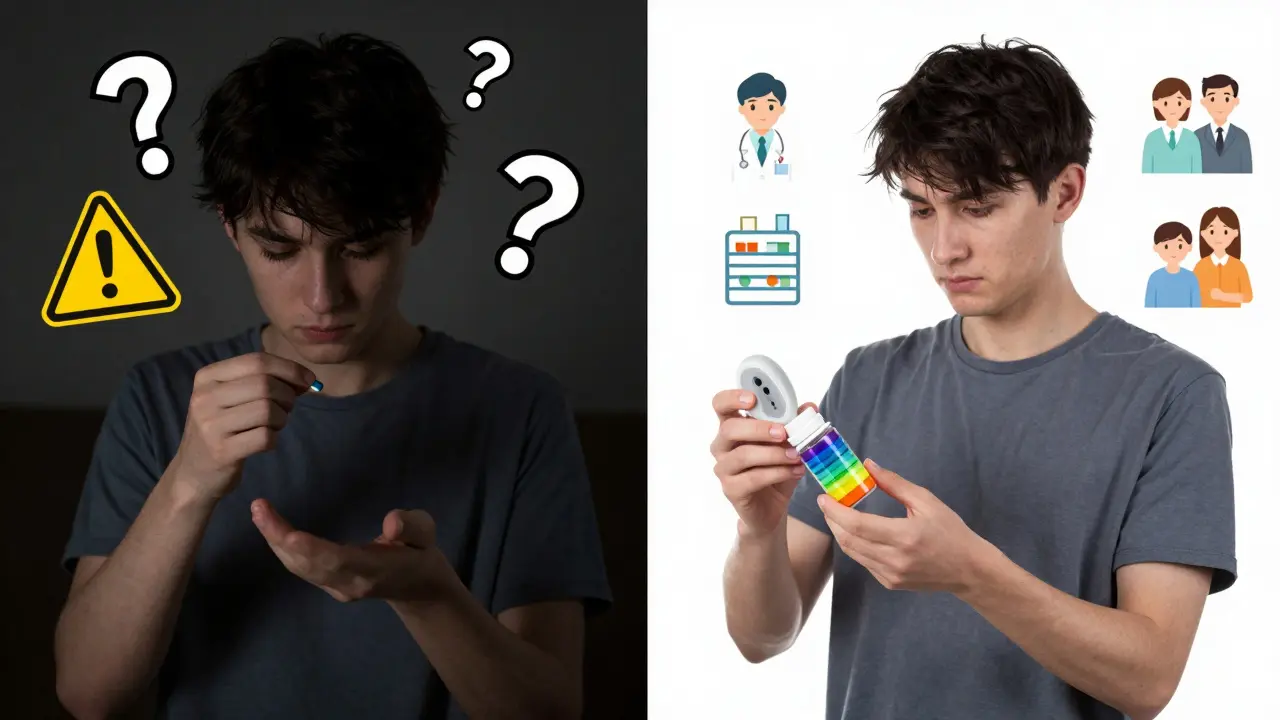 A split image shows the danger of medication errors versus the safety of accessible labeling and support.