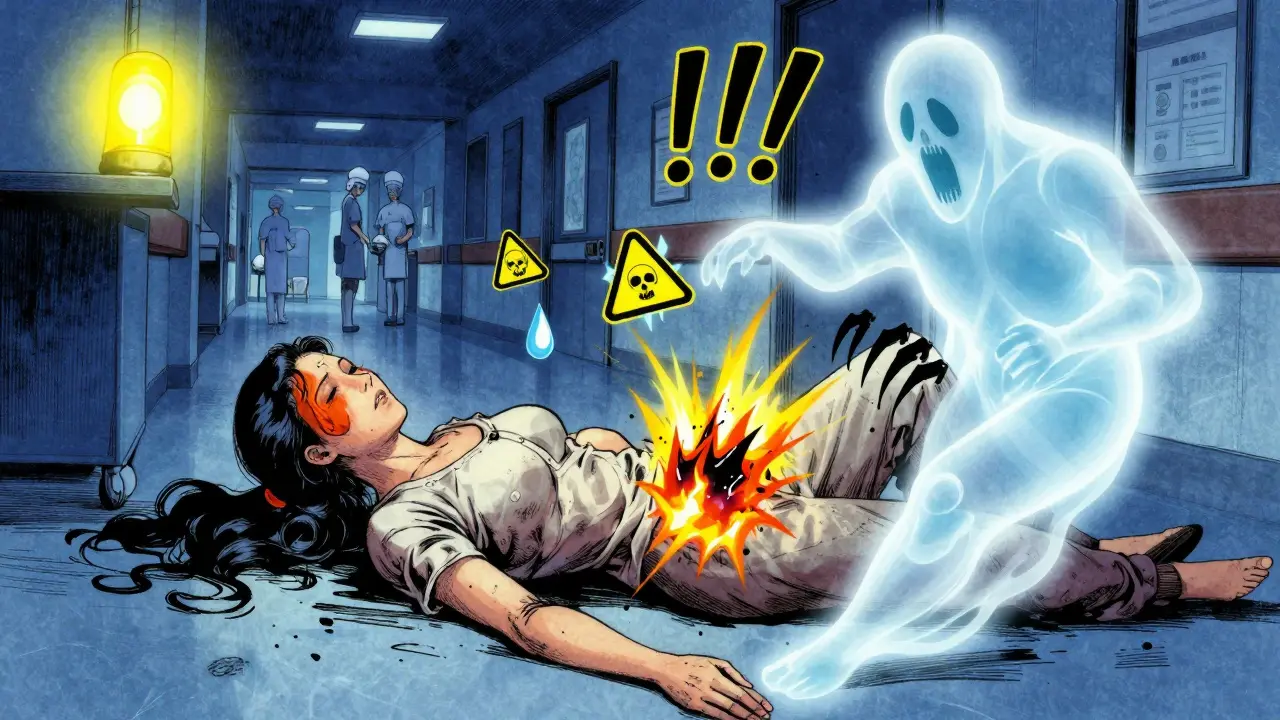 A woman collapses in a hospital hallway as a ghostly infection erupts from her abdomen, with emergency symbols glowing around her.