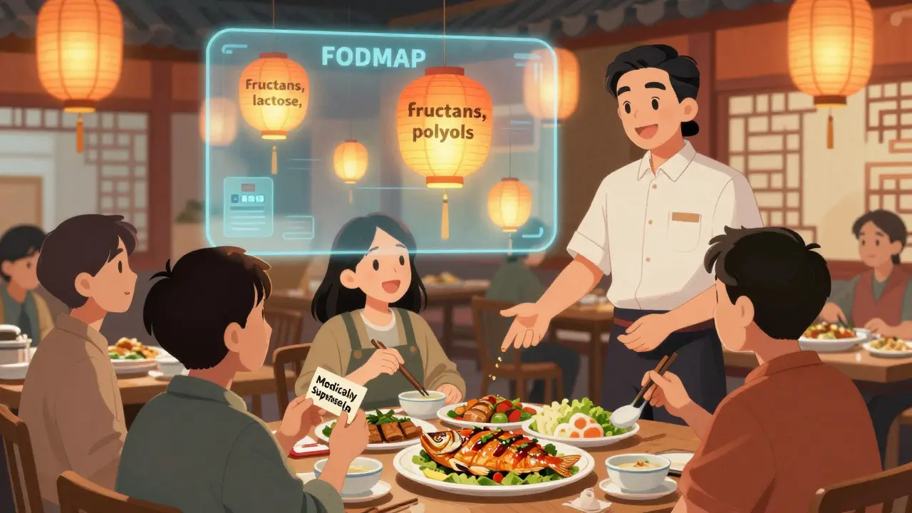 Diners in a restaurant with a dietary needs card, enjoying safe meals under glowing FODMAP lanterns.