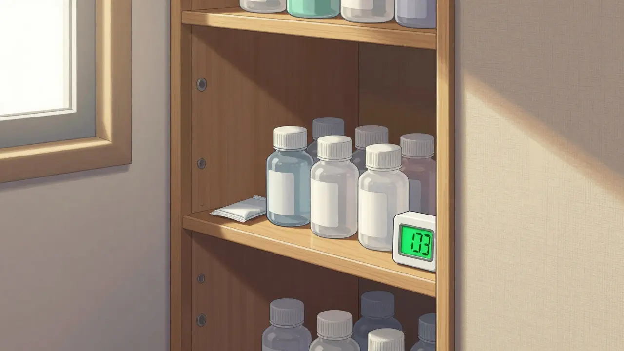 Medicine stored safely in cool dry bedroom closet