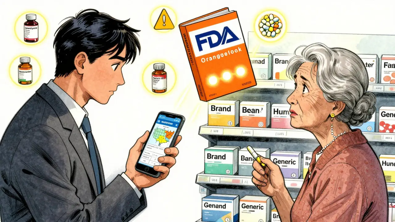 One patient checking state drug substitution rules on a phone, another confused by generic and brand pills on a shelf.