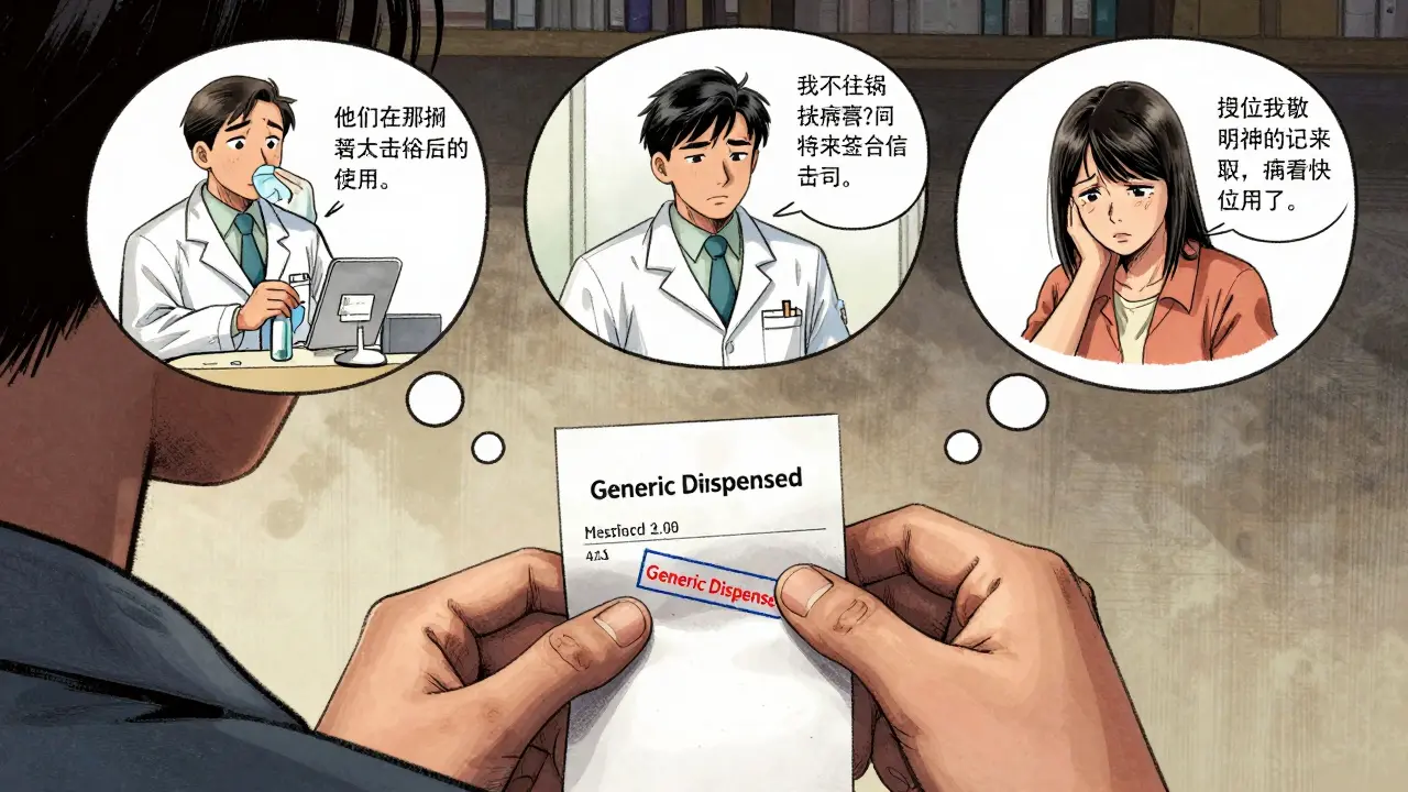 Patient holding a receipt with 'Generic Dispensed' while thought bubbles show different state substitution scenarios.