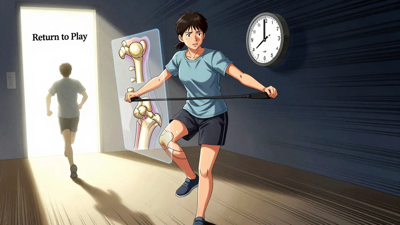 Patient in physical therapy balancing on one leg, with healing overlays and clock counting down to 9-month recovery milestone.