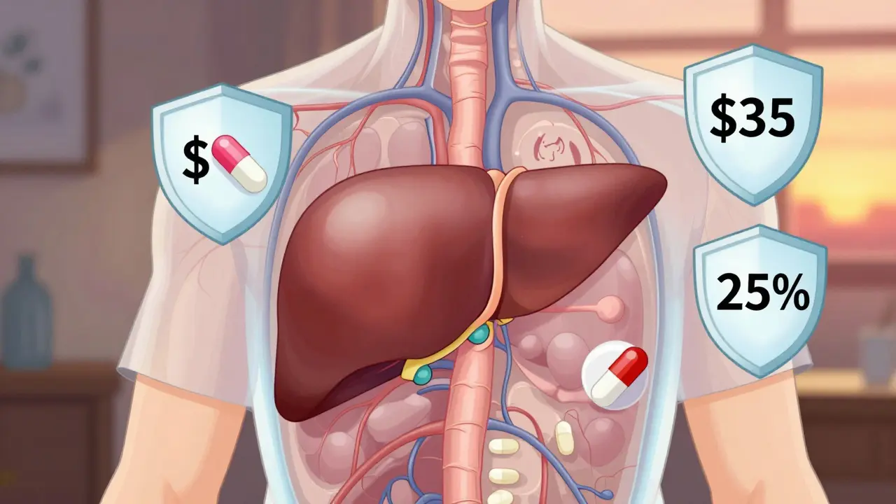 Patient taking beta-blockers with glowing portal vein system showing reduced pressure around the liver.