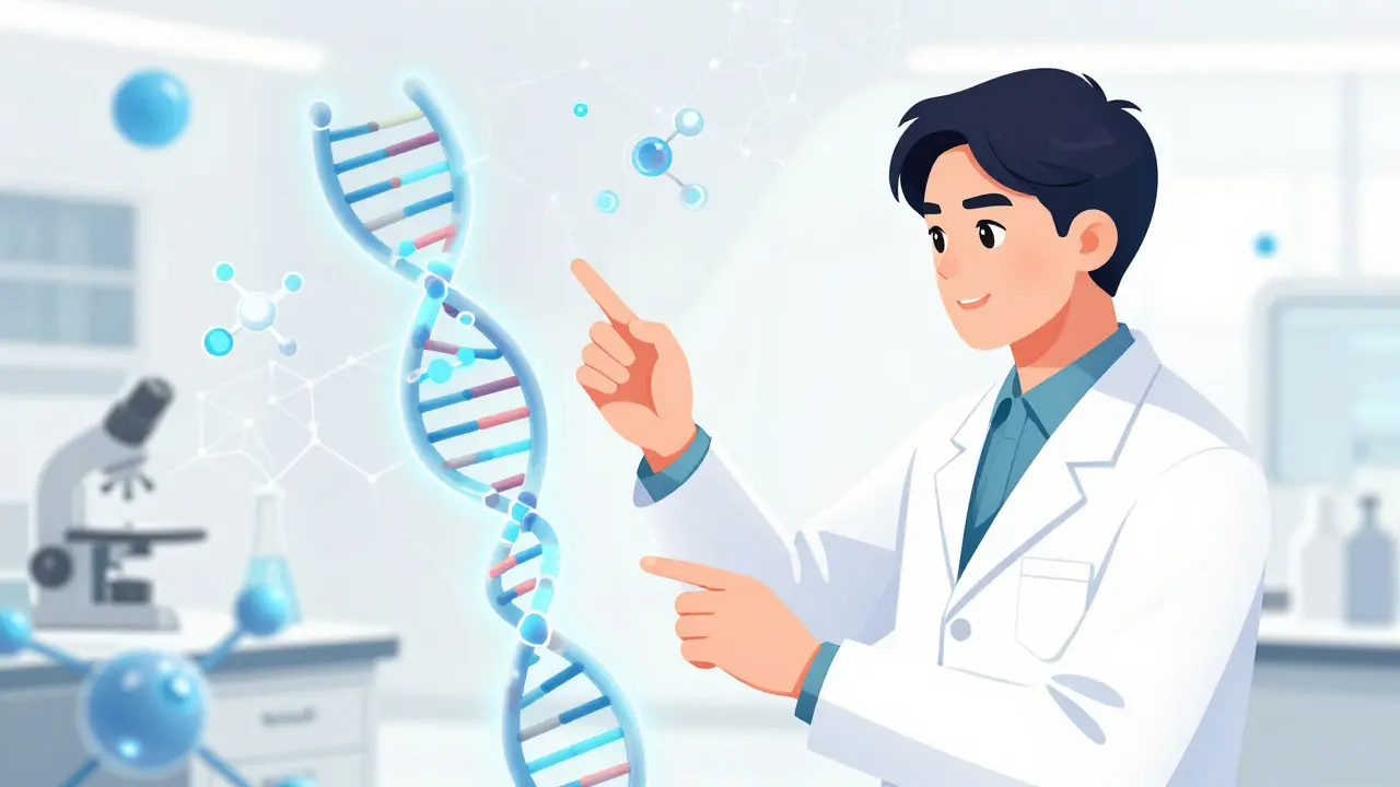 Scientists studying glowing molecular structures in a lab.