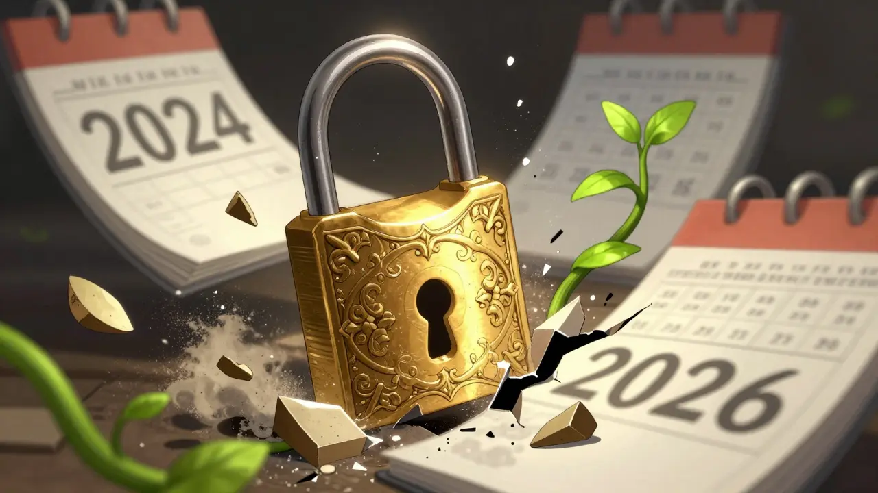 Shattered gold lock revealing calendar pages for drug generics.