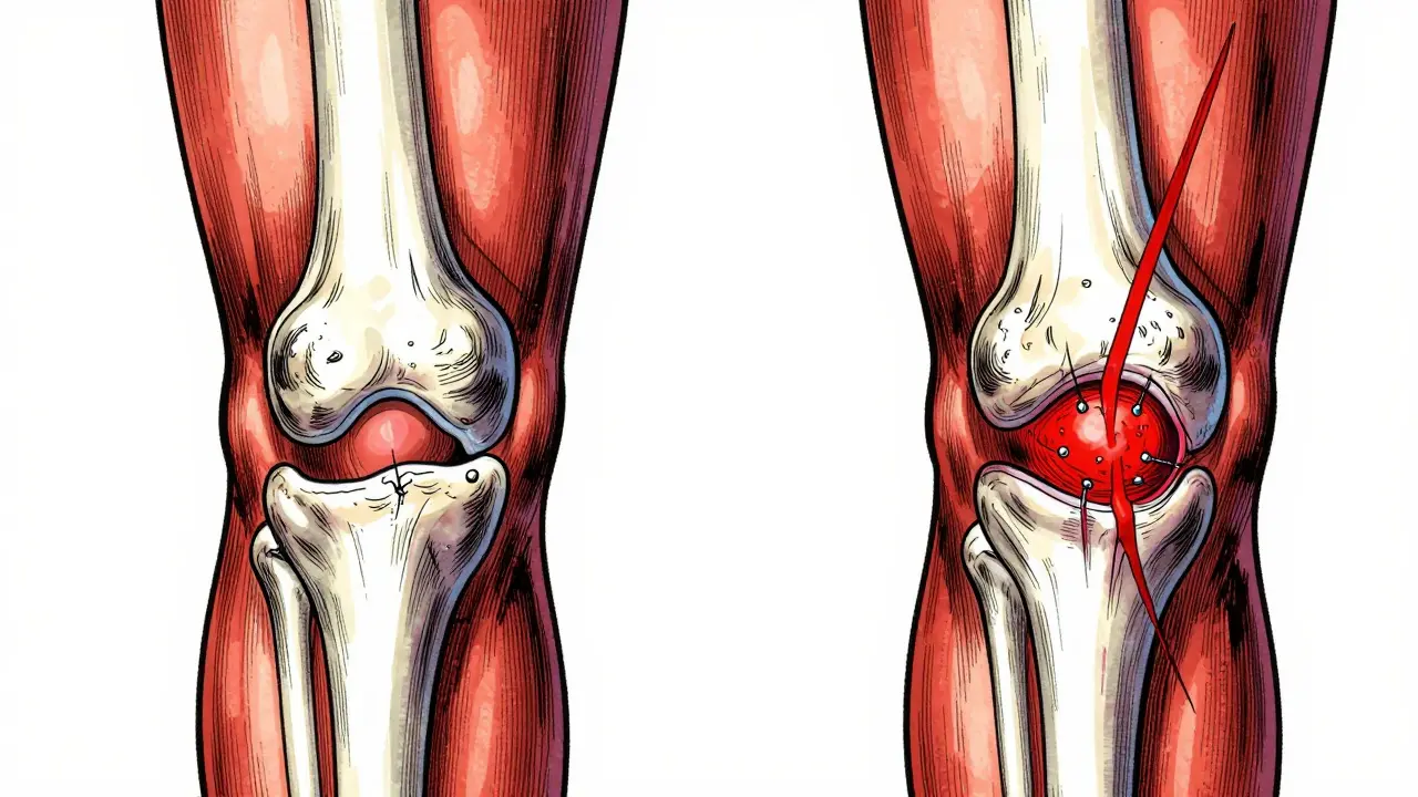Side-by-side anatomical illustration of ACL reconstruction with hamstring graft and meniscus repair in red zone.