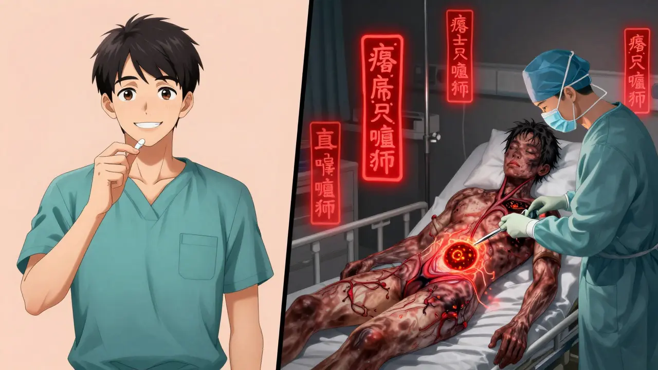 Split scene: a healthy person taking a pill on one side, the same person in a hospital with necrotic tissue and surgeons on the other.