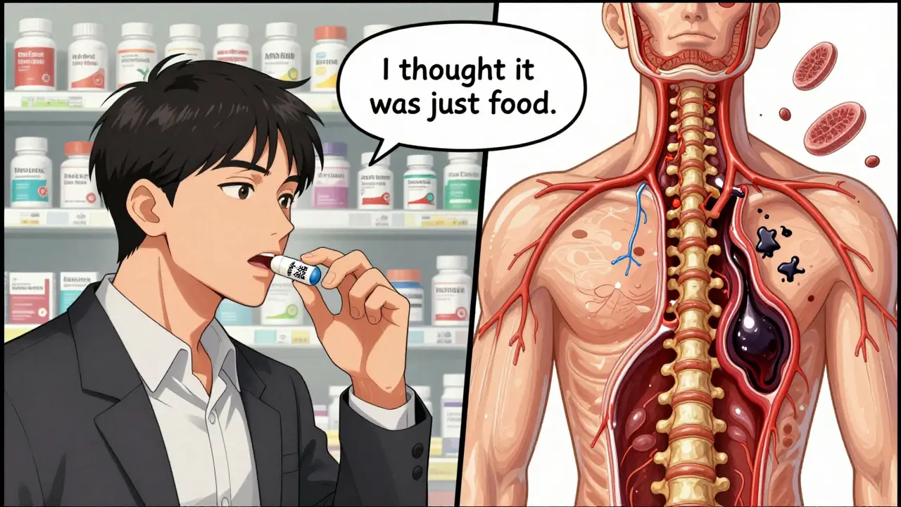 Split scene: man taking garlic supplement while his body shows internal bleeding and scattered platelets, with pharmacy shelf in background.