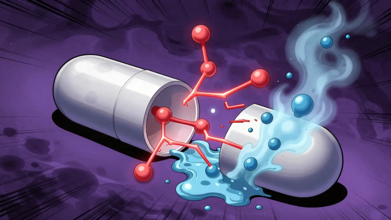 Stylized pill cross-section showing molecular breakdown