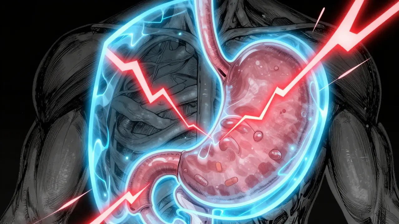 Stylized stomach organ protected by an energy shield from acid.
