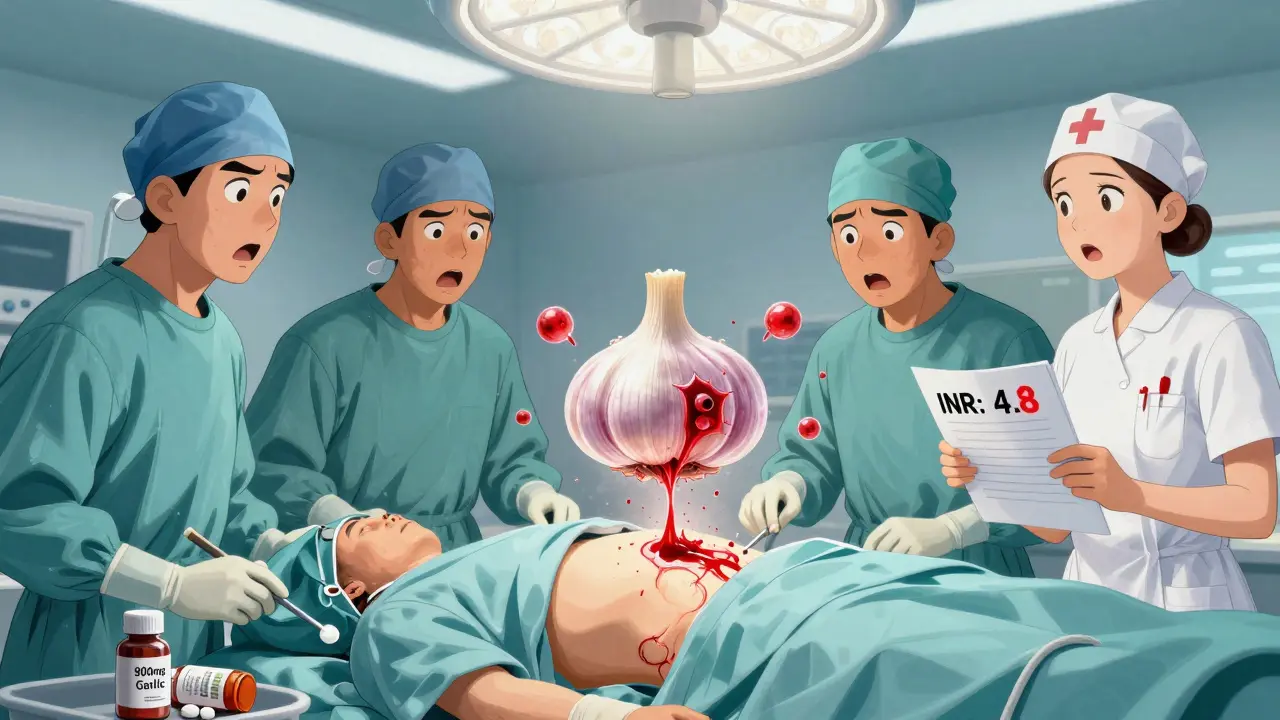 Surgeons shocked by uncontrolled bleeding during surgery, with a garlic clove emitting clot-disrupting molecules above the patient.