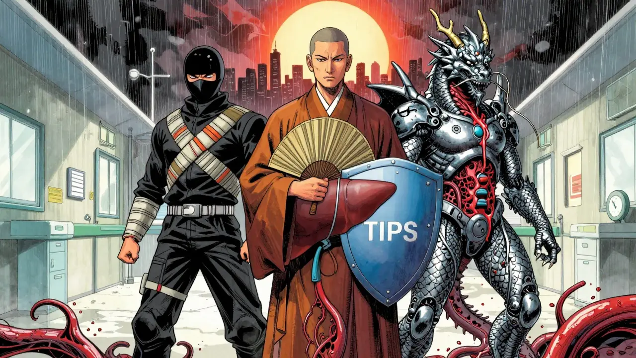 Three life-saving interventions personified as heroes protecting a liver from variceal bleeding.