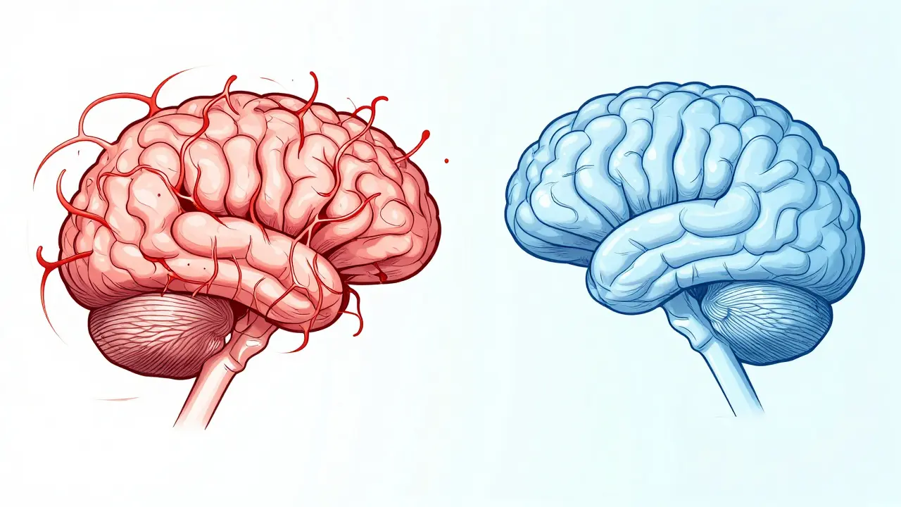 A conceptual image of a brain transitioning from chaotic red energy to calm blue stability.