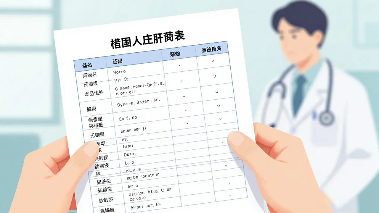 A hand holding a bilingual medication list with medical symbols in the background.