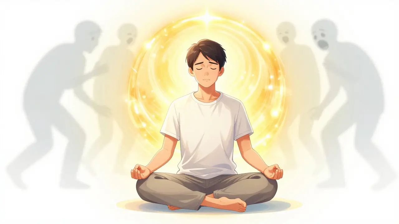 A person meditating with a golden aura, symbolizing mental clarity and the success of therapy.