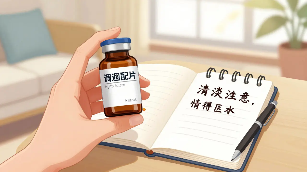 A pharmacy medication bottle and a mood journal on a table in soft sunlight, manhua style.