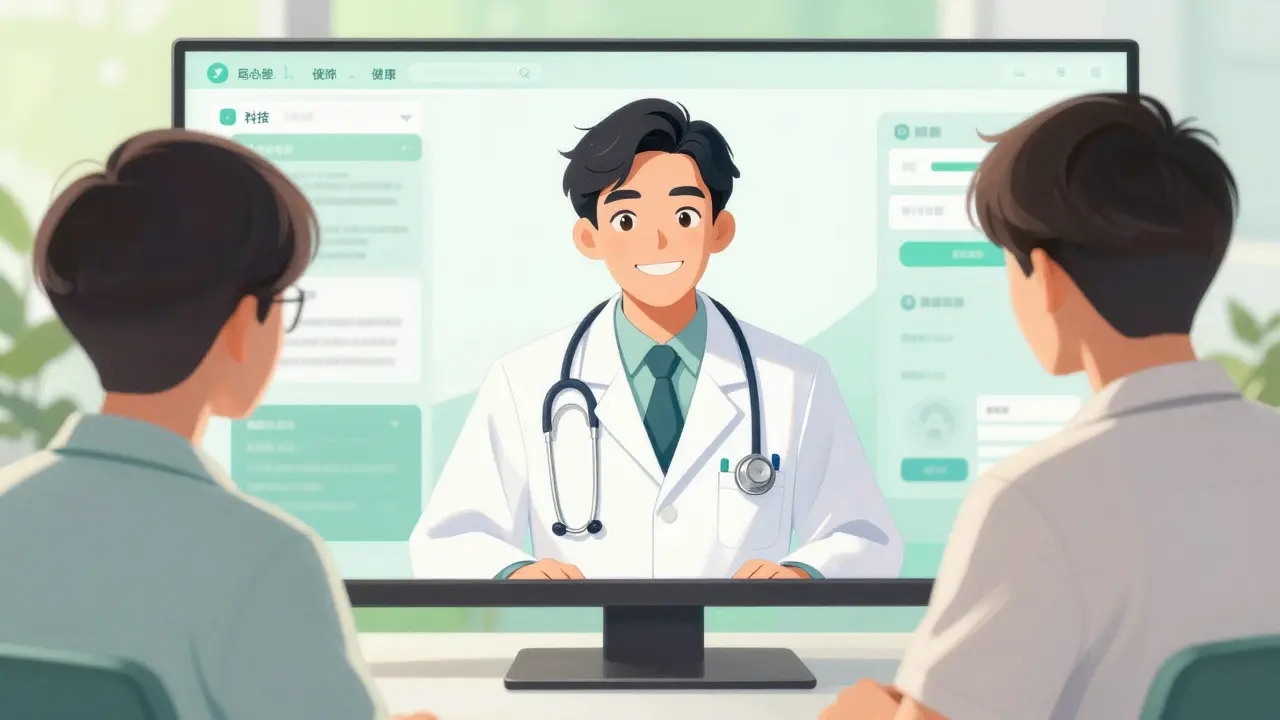 A professional telehealth video consultation between a doctor and a patient, manhua style.