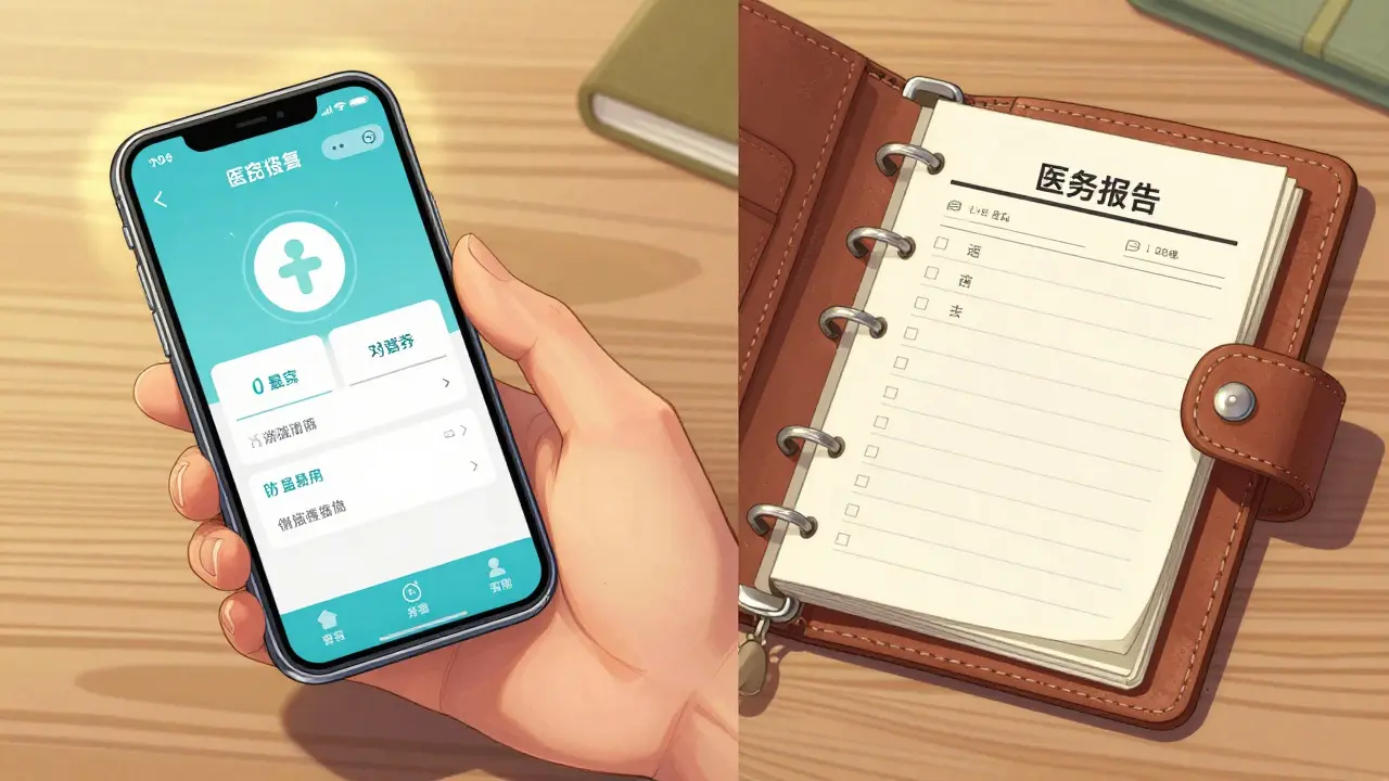 A smartphone with a medical app and a physical medication list in a passport holder.