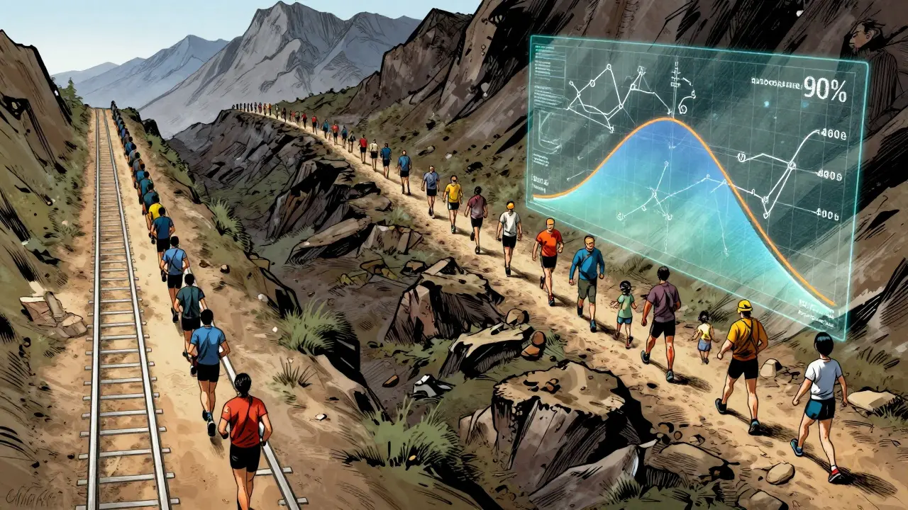 Comparison between a flat running track and a mountain trail with overlapping statistical data curves