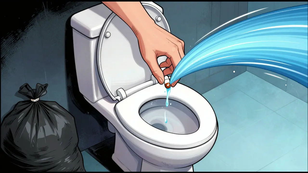 Conceptual manhua art comparing the risk of trash disposal versus flushing high-risk drugs.