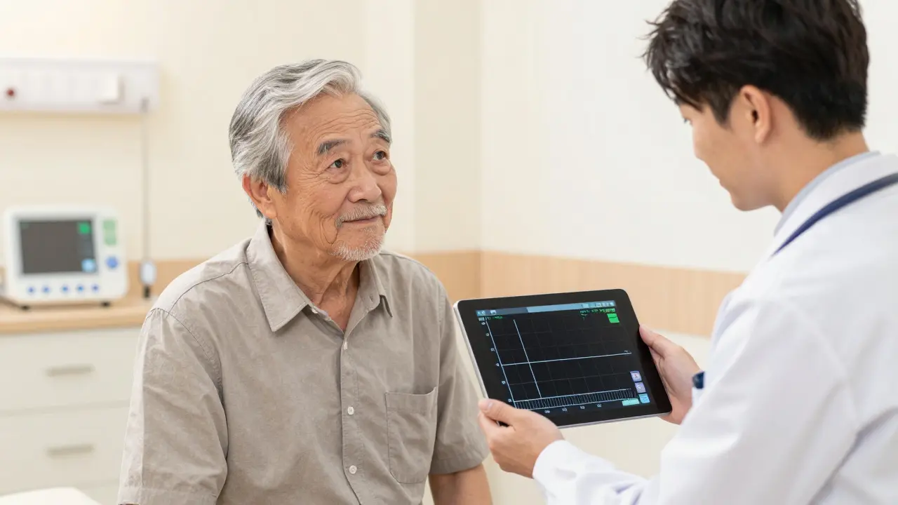 Manhua illustration of a doctor showing stable test results to an elderly patient.