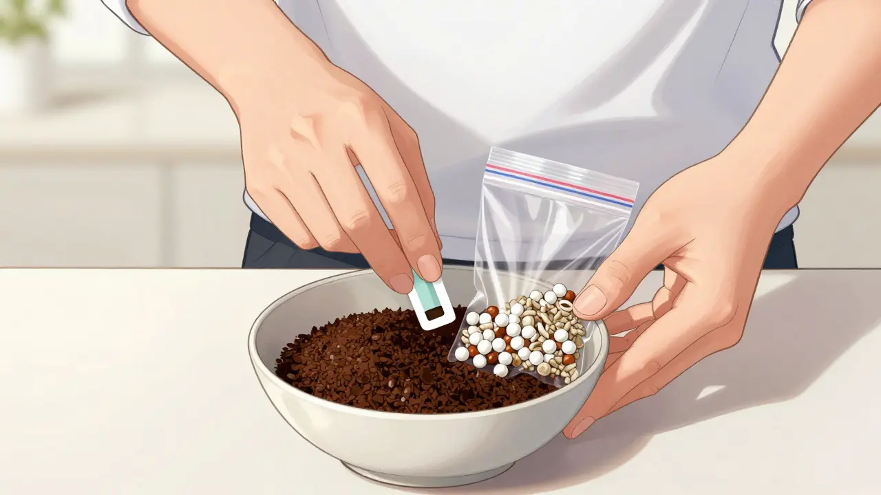 Manhua illustration of mixing medications with coffee grounds in a sealed bag for disposal.