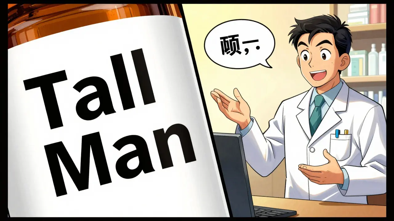 Manhua style art of a pharmacist explaining a medication label with highlighted lettering.