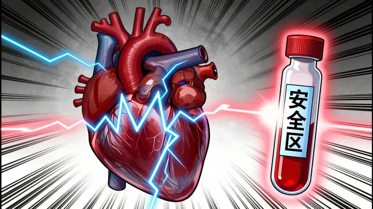Manhua style depiction of a heart with electrical signals and a glowing blood vial.