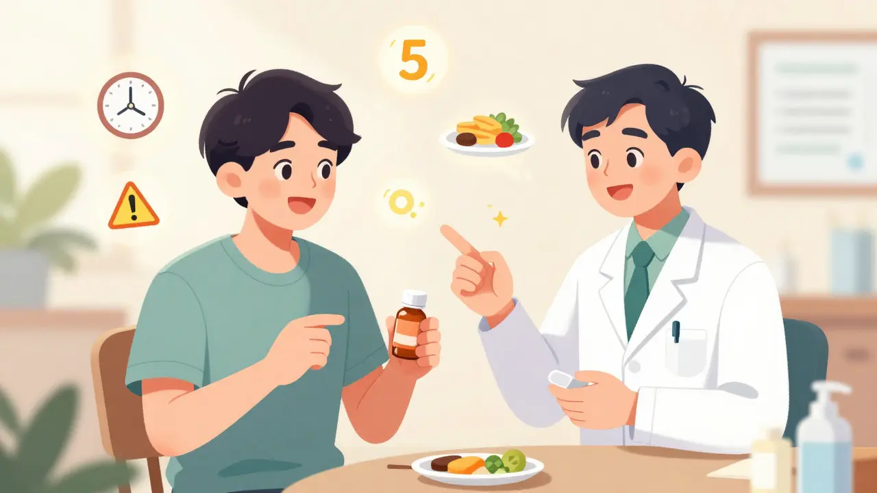 Manhua style illustration of a patient and pharmacist discussing medication instructions together.