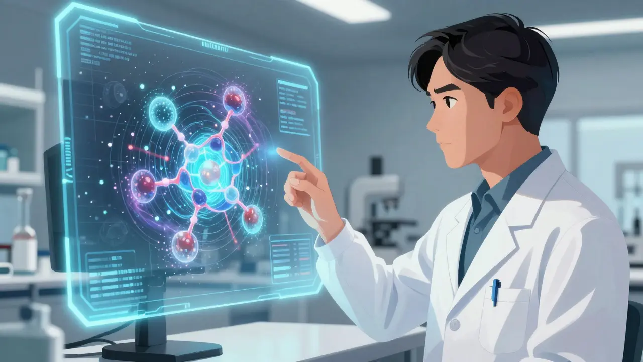 Scientist analyzing a holographic 3D model of drug distribution and population pharmacokinetics