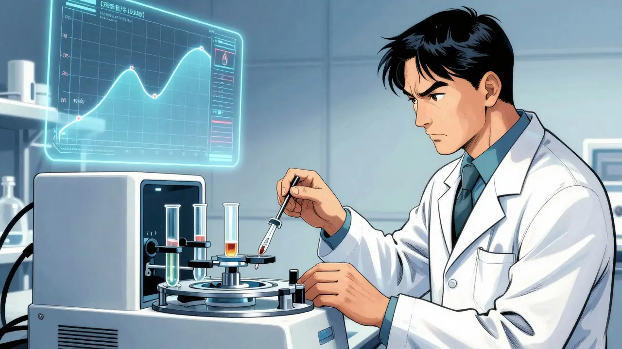 Scientist using a dissolution apparatus in a high-tech lab with holographic data in manhua style.