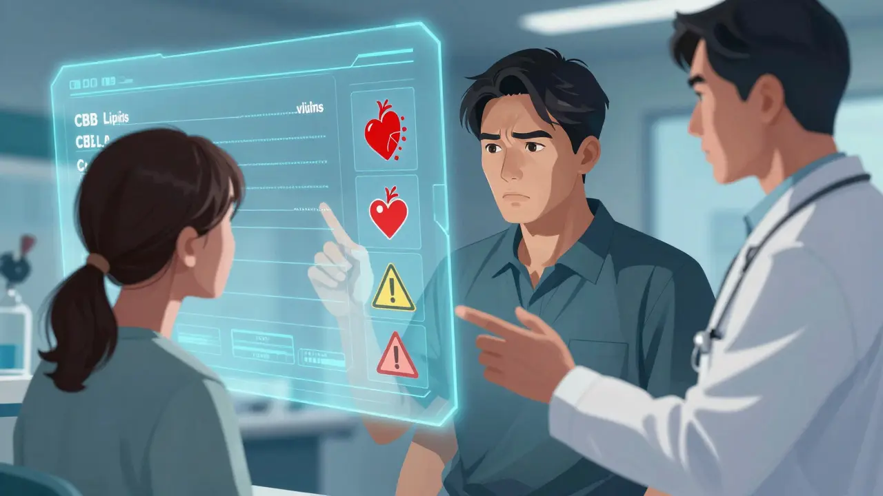 Cartoon depiction of a patient reviewing medical monitoring data and warning signs with a doctor.