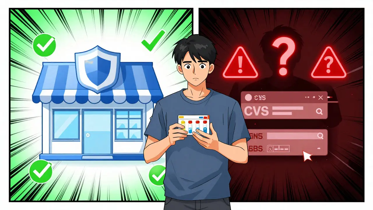 Cartoon illustration comparing safe online pharmacies versus risky fake sellers.