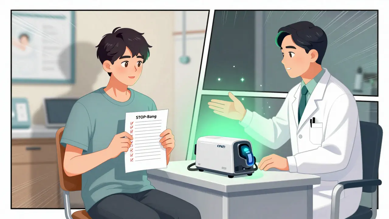 Cartoon of a patient discussing sleep apnea screening and treatment options.