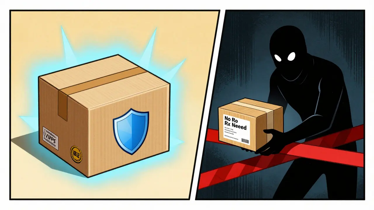 Cartoon showing safe verified pharmacy vs illegal no-prescription site