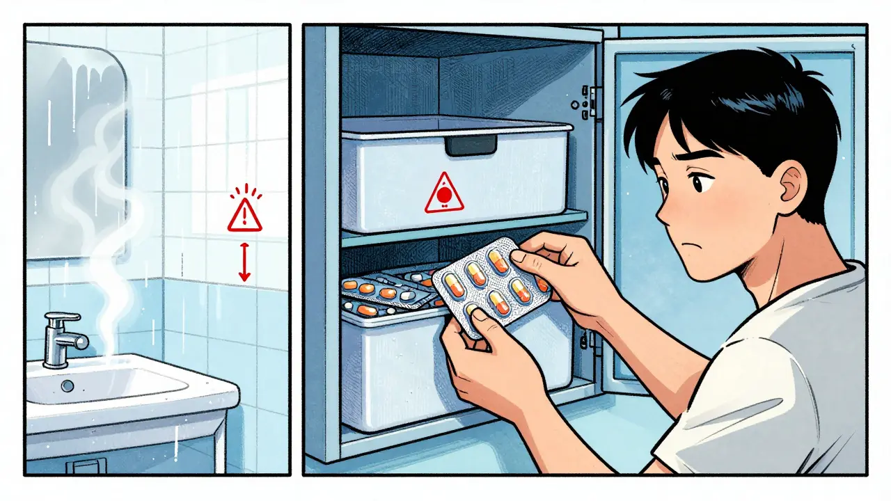 Comic art showing correct storage of pills in cool dry place
