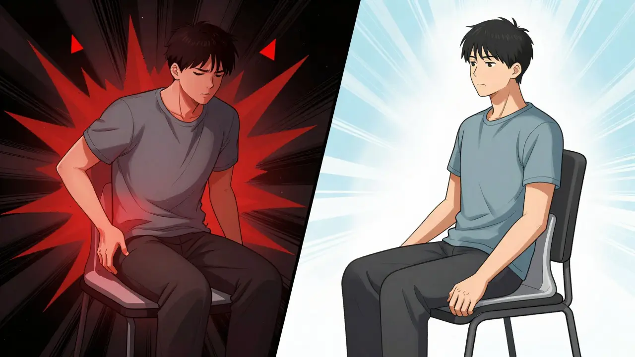 Comic illustration comparing painful low seating posture with correct ergonomic high seating for hip health.