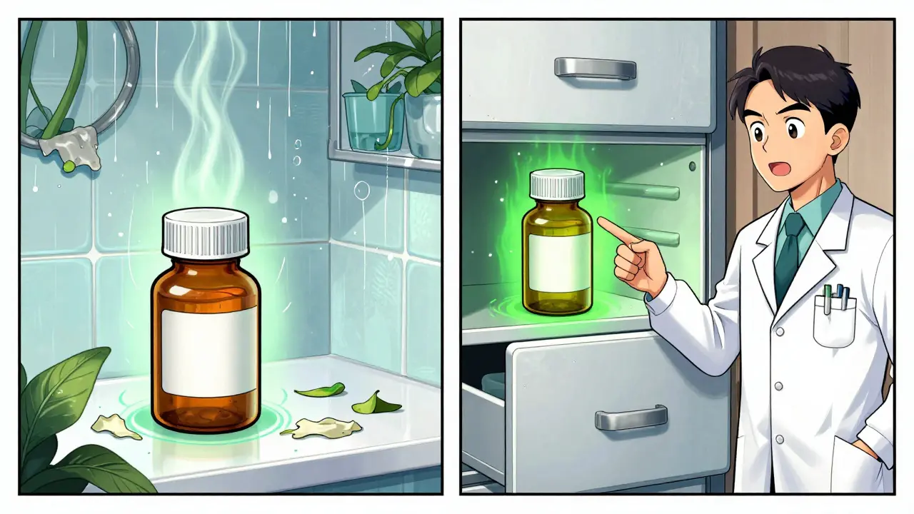 Comparison of incorrect vs correct medication storage locations.