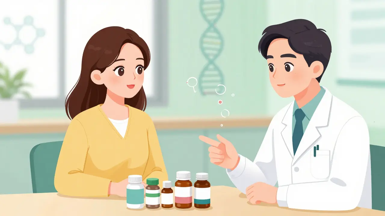 Doctor and patient discussing medication plan with supplements on table