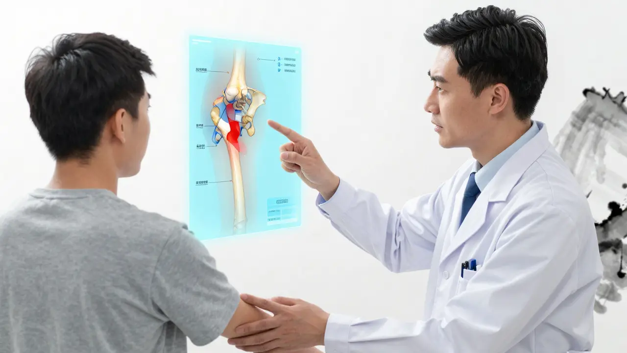Doctor explaining hip anatomy to a patient using a glowing holographic diagram in a clinic.