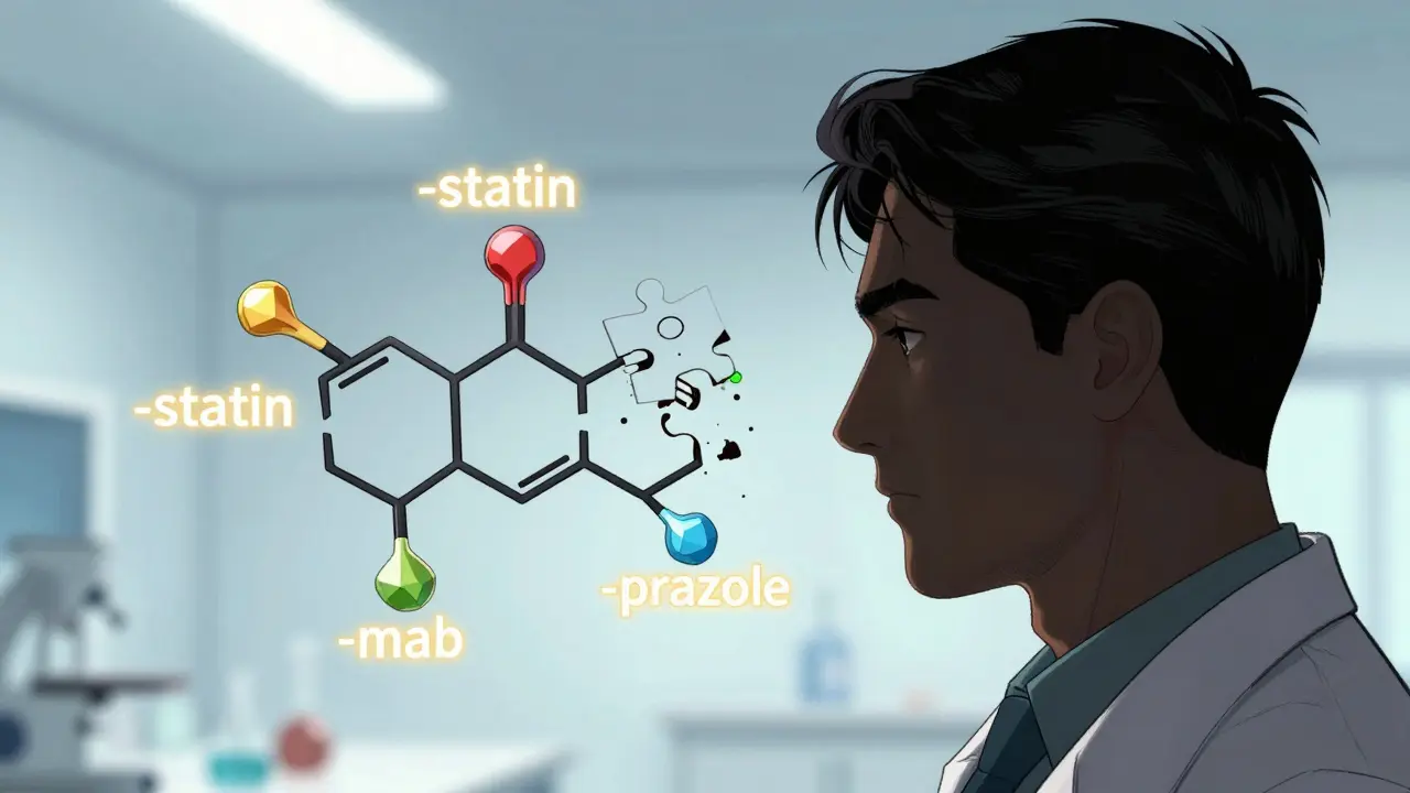 Drug name stems illustrated as glowing puzzle pieces