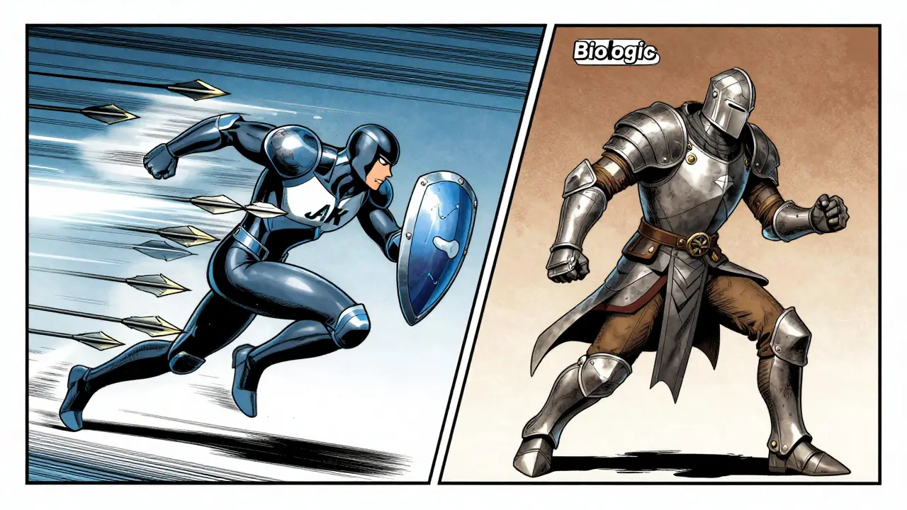 Illustration comparing fast-acting JAK inhibitors to slower biologics with dynamic action poses.