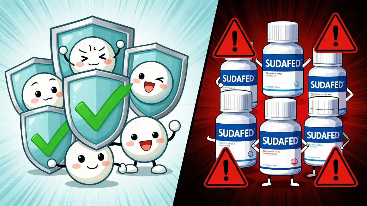 Illustration comparing safe vs risky allergy meds for pregnancy
