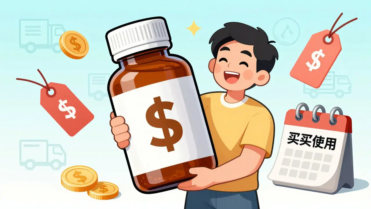 Illustration of a happy buyer holding a large bulk pack of medication for savings.