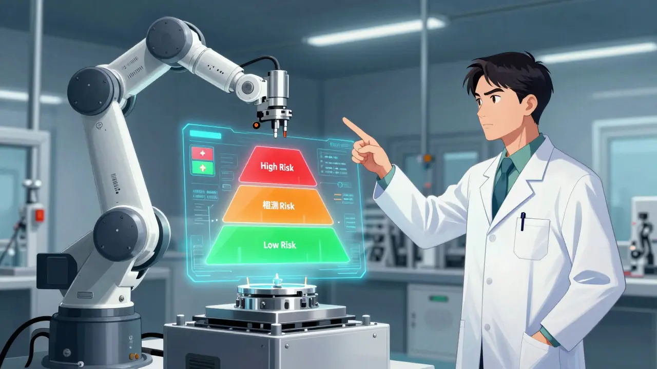 Illustration of pharma factory with risk levels for manufacturing changes