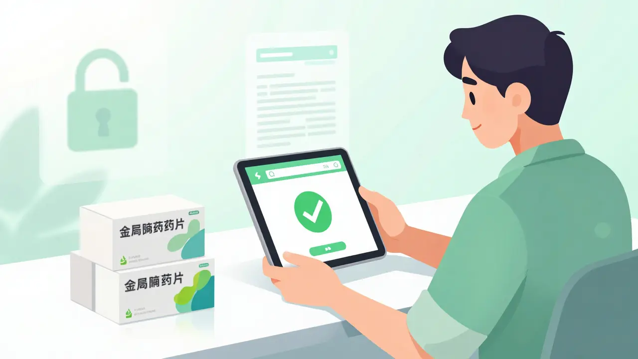 Illustration of safely buying meds online with secure icons