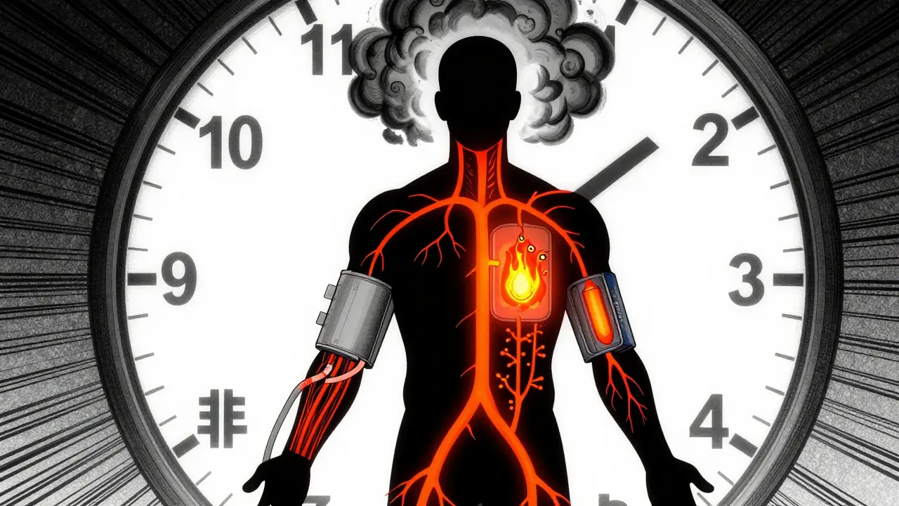 Illustration showing rising blood pressure and oxygen drop during the night.