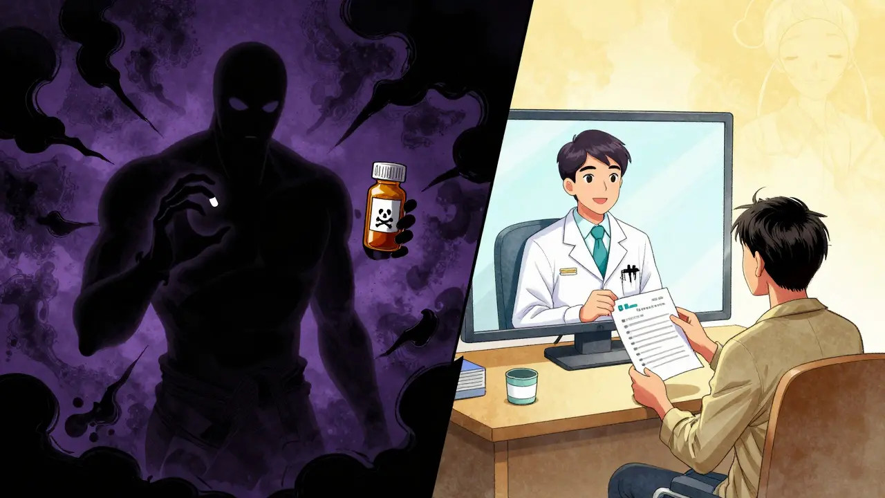 Manhua art contrasting a dangerous illegal seller with a safe telehealth doctor consultation.