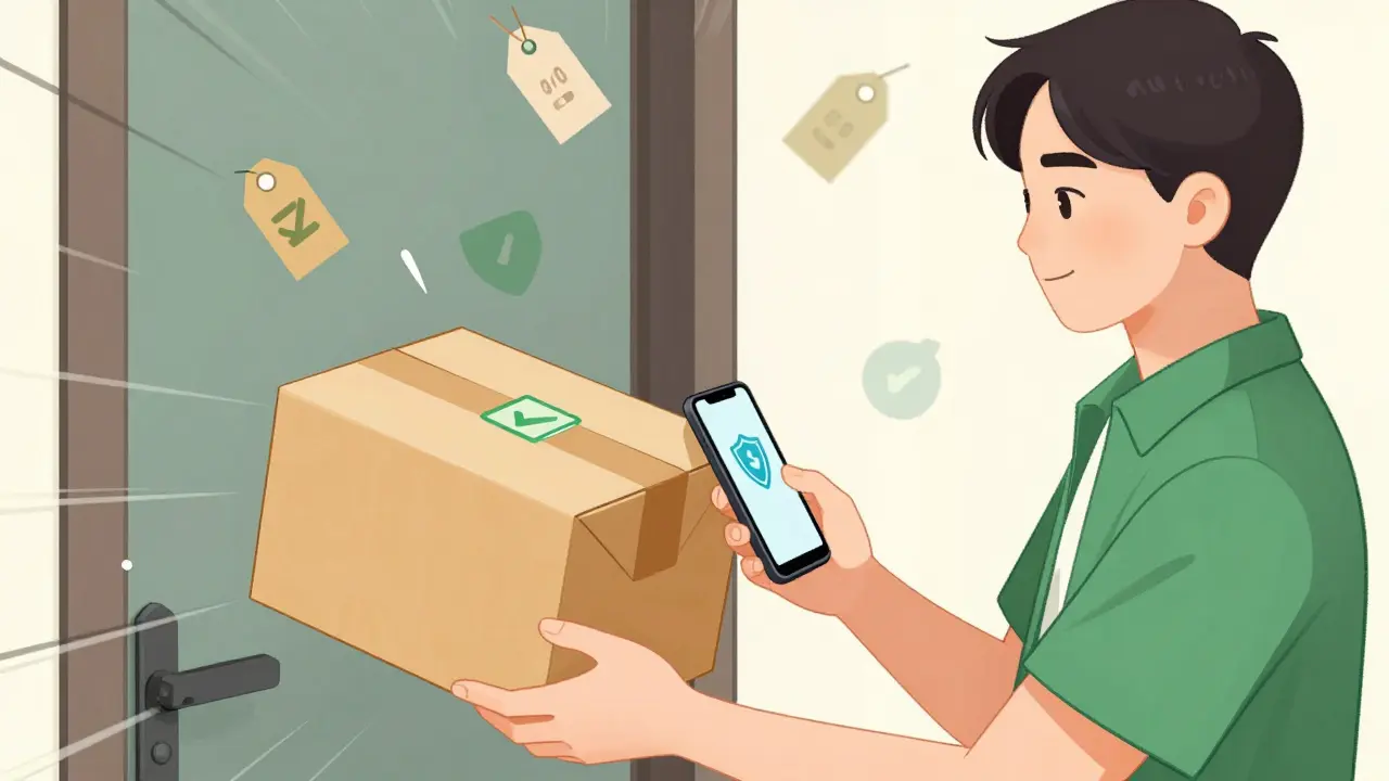 Manhua illustration of a person safely receiving a verified medication package at home.